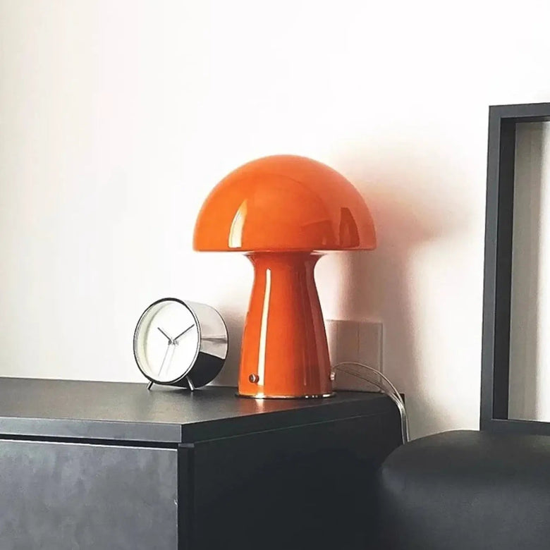 Nordic Mushroom Table Lamp – Retro-Inspired Glass & Iron Mood Light in vibrant orange color.