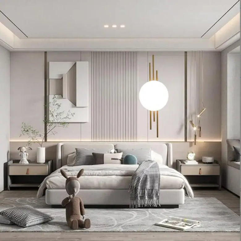 Modern Simple Art Deco Revival Wall Lamp illuminating a stylish bedroom with contemporary decor and cozy furnishings.