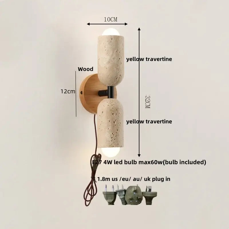 Travertine and Wood Wall Light – Nordic LED Lamp with Pull Chain