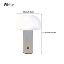 Rechargeable LED Mushroom Table Lamp – Touch Dimmable, Nordic Minimalist Design in White color with dimensions.
