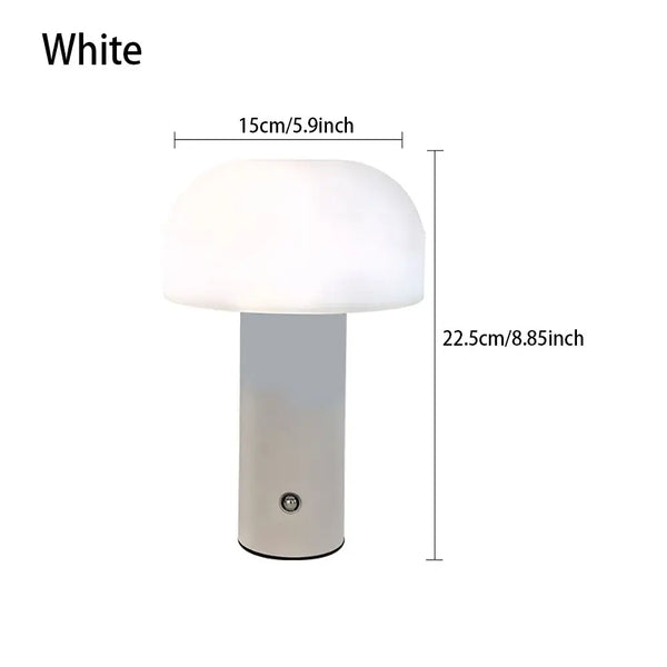 Rechargeable LED Mushroom Table Lamp – Touch Dimmable, Nordic Minimalist Design in White color with dimensions.