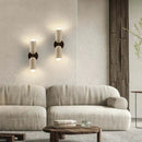 Modern Travertine and Wood Wall Light with Pull Chain – Nordic Style LED Fixture elegantly illuminating a cozy living room.