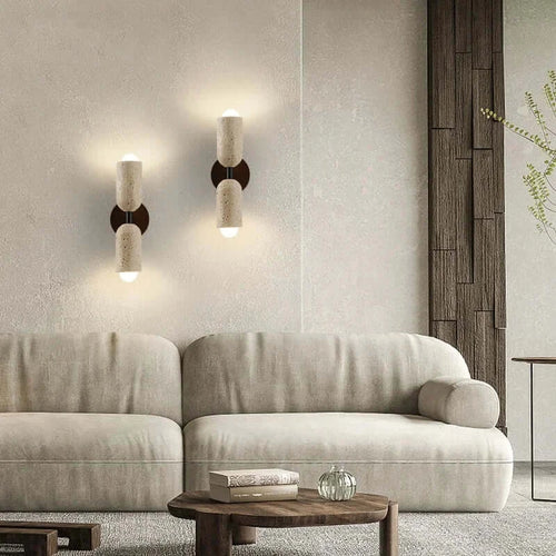 Modern Travertine and Wood Wall Light with Pull Chain – Nordic Style LED Fixture elegantly illuminating a cozy living room.
