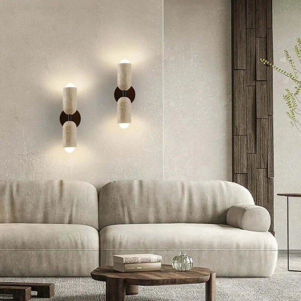 Modern Travertine and Wood Wall Light with Pull Chain – Nordic Style LED Fixture elegantly illuminating a cozy living room.