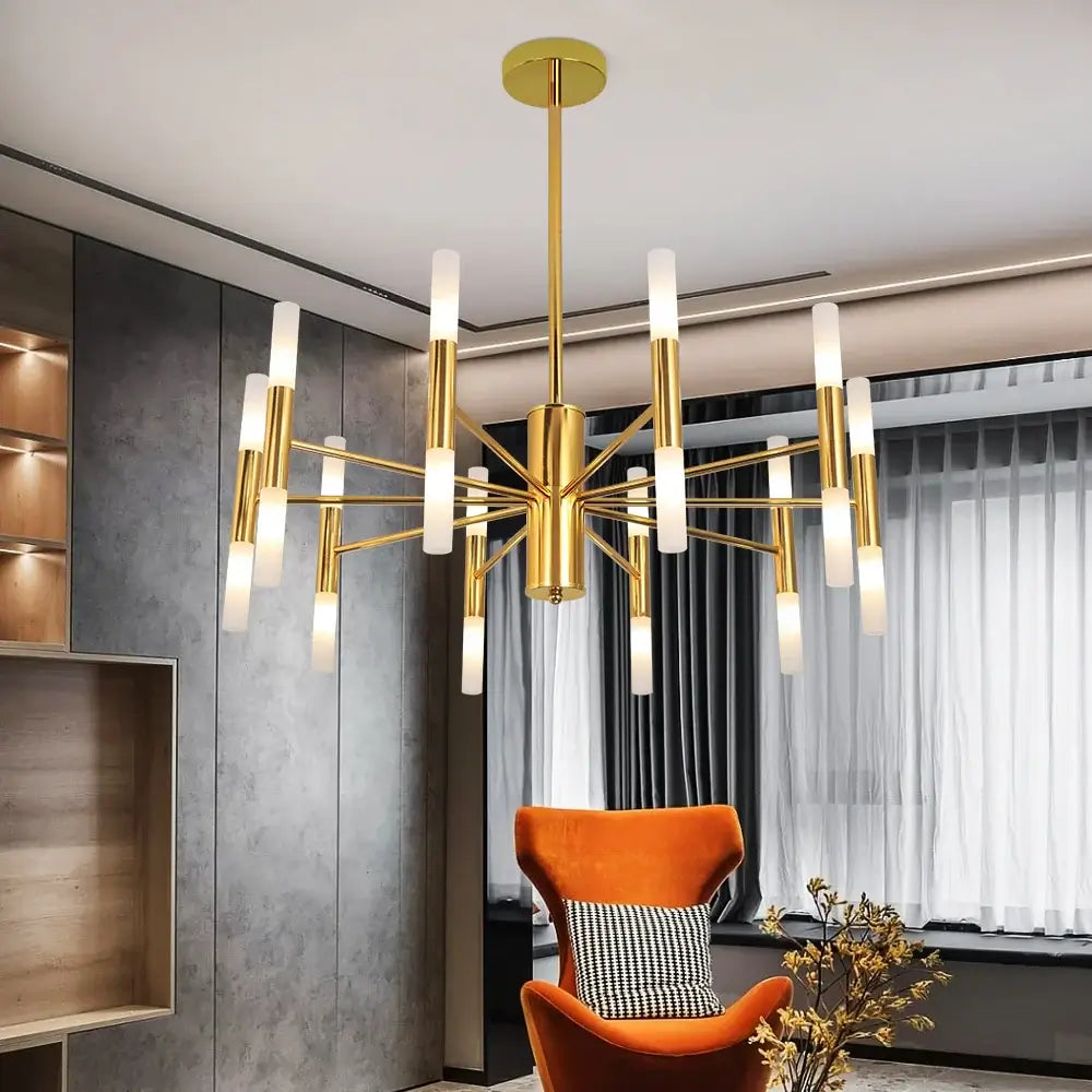 Modern Gold LED Chandelier – 20-Head G4 Luxury Ceiling Light for Living Room & Hotel Lobby, sculptural minimalist design, adjustable rod.