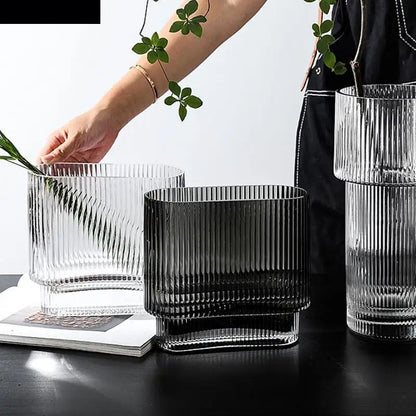 Contemporary Fluted Transparent Glass Flower Vase