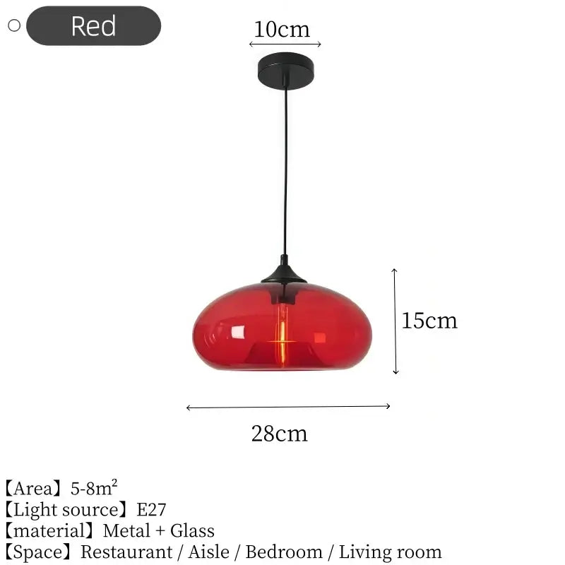 Red glass dome pendant light with dimensions, 28cm wide and 15cm high