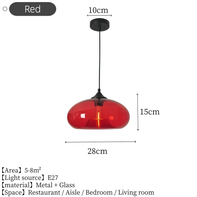 Red glass dome pendant light with dimensions, 28cm wide and 15cm high