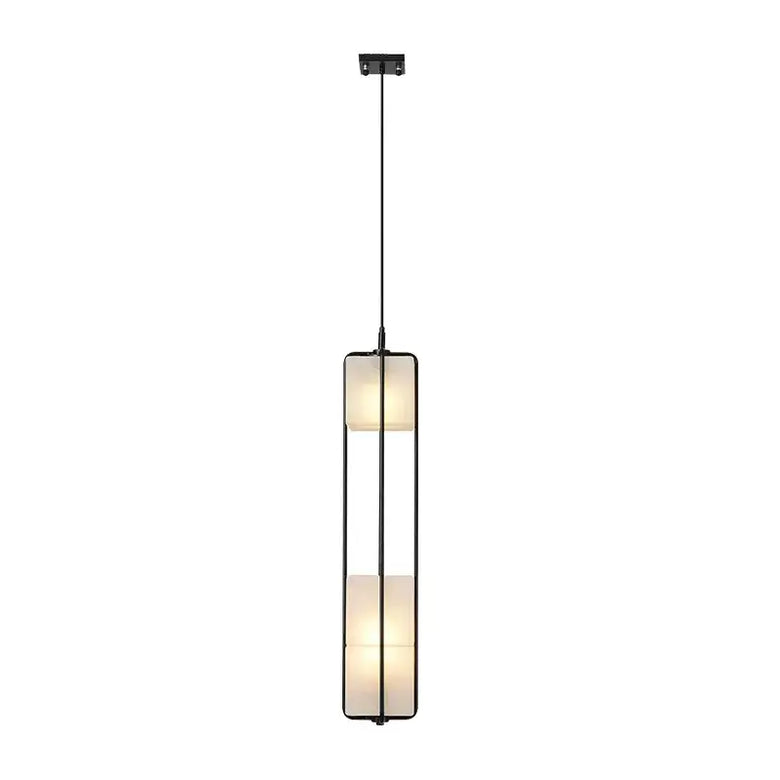 White Glass & Metal Art Deco Chandelier hanging elegantly with a modern design and energy-efficient LED lighting.