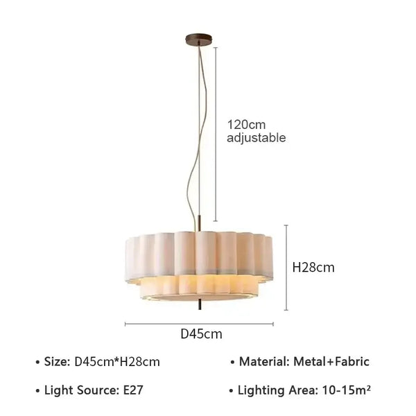 Wabi-Sabi Fabric Pendant Light – D45cm to D65cm with adjustable 120cm suspension and pleated fabric shade.