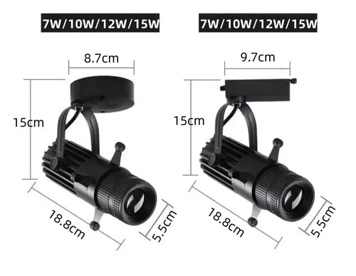 Black adjustable spotlight fixture shown twice with dimension labels and measurements in centimeters on a white background.