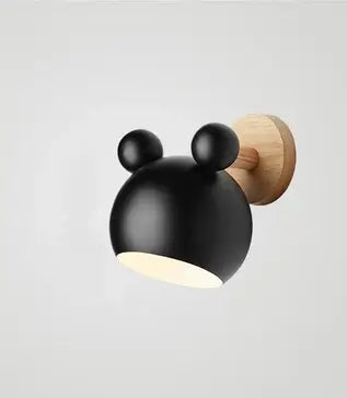 Mouse-shaped Wall Lamps featuring a playful design with a black round shade and wooden mount.