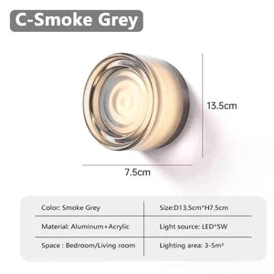 Futuristic and Unique Solid Plexiglass Wall Light in smoke grey color with dimensions and specifications.