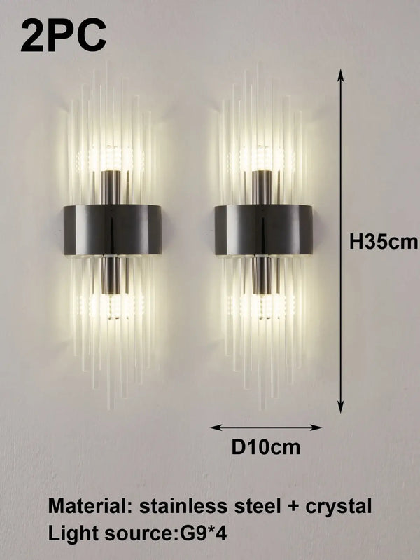 Black or Golden Art Deco Mural Lamp, elegant wall-mounted light fixture in stainless steel and crystal.