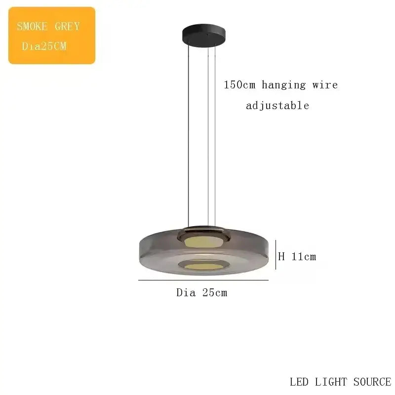 Layered Glass Pendant Light – Modern Amber, Green or Smoke Grey LED Suspension in Smoke Grey with 25cm diameter and 150cm adjustable wire