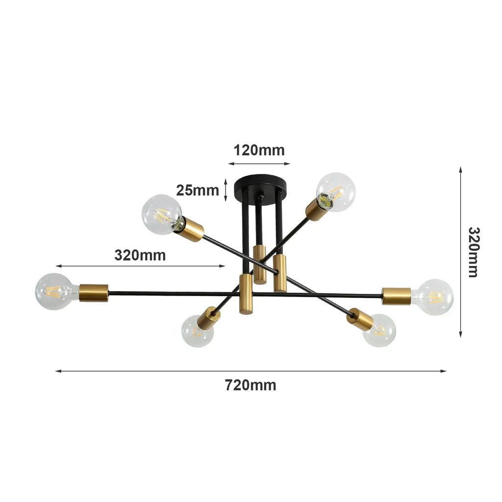 Plafonnier Spoutnik à 6 lumières – Style moderne du milieu du siècle noir et doré