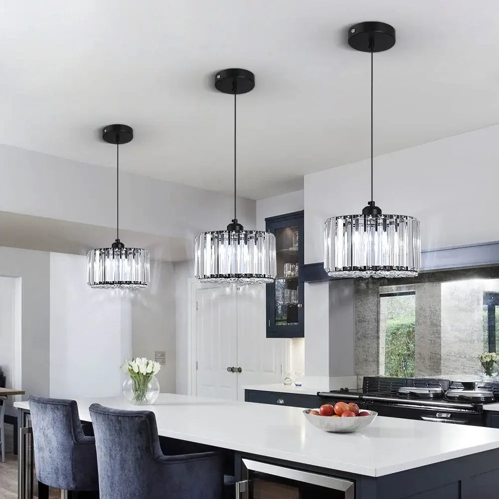 Modern Crystal Drum Pendant or Ceiling Light, Black or Gold Frame