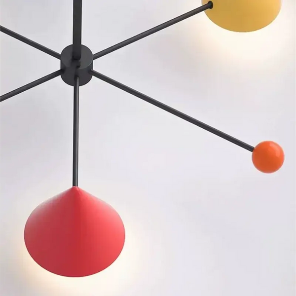 Magnificent Mid-Century Modern Colourful Ceiling Lamp showcasing vibrant red, yellow, and orange shapes against a minimalistic background.
