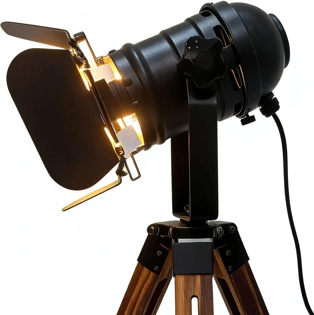 Wooden tripod studio spotlight table lamp, industrial retro style, on a white background