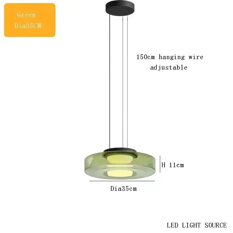Layered Glass Pendant Light with adjustable 150cm wire, green color, 35cm diameter, modern design for stylish illumination.