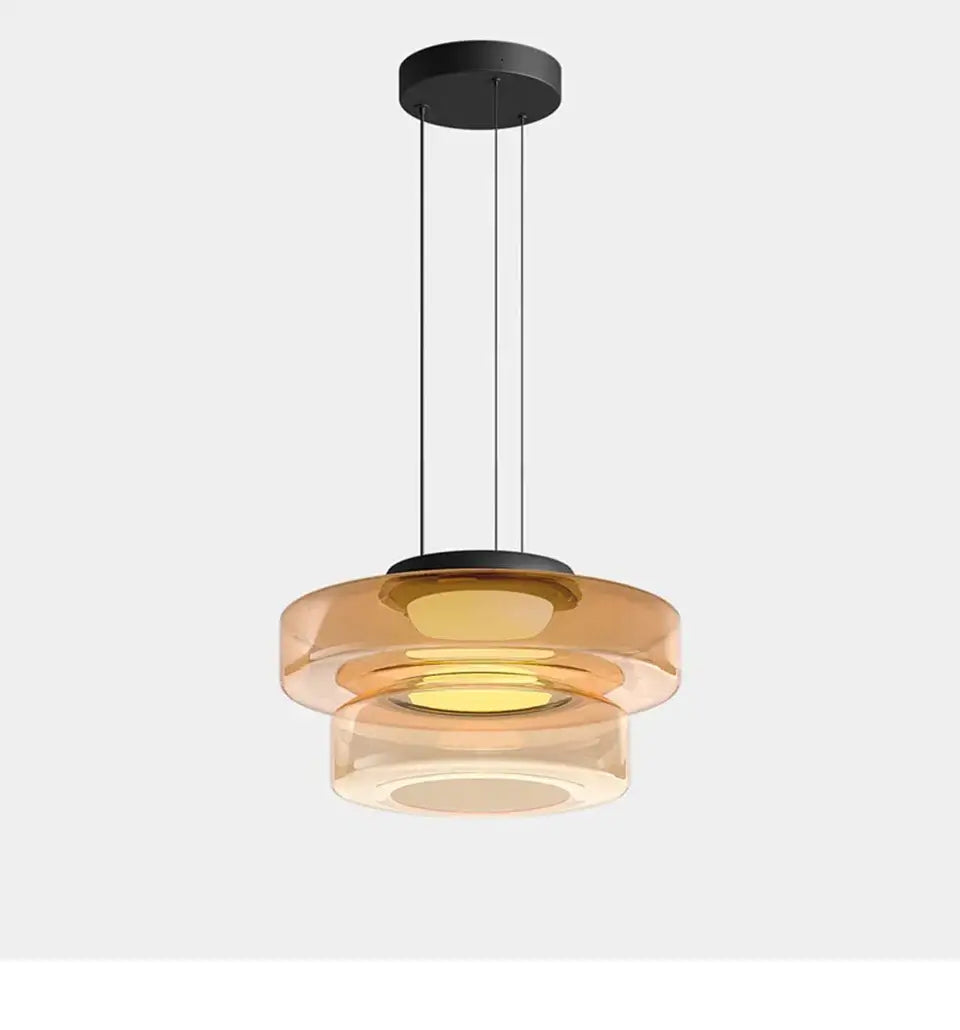 Layered Glass Pendant Light – Modern Amber LED Suspension with adjustable wire and integrated LED source for stylish ceiling decor.