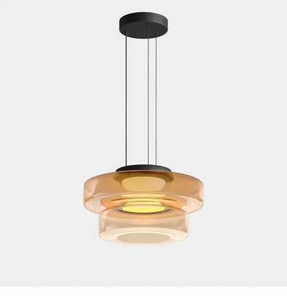 Layered Glass Pendant Light – Modern Amber LED Suspension with adjustable wire and integrated LED source for stylish ceiling decor.