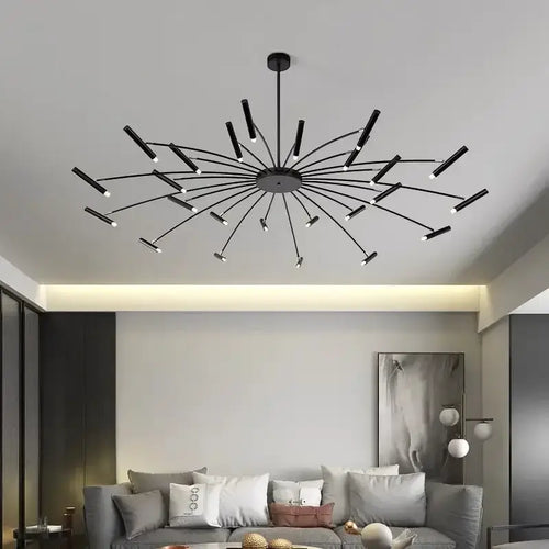 Modern Starburst LED Chandelier – 24-Light Sculptural Ceiling Statement in black finish illuminating a stylish living room.