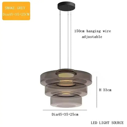 Layered Glass Pendant Light – Modern Amber, Green or Smoke Grey LED Suspension with adjustable height and integrated LED in Smoke Grey.