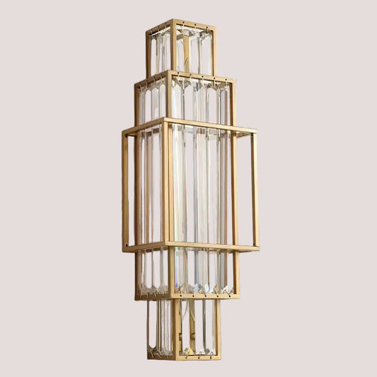 Modern Art Deco Crystal Wall Lamp – Luxurious Geometric Design in gold and glass, ideal for elegant and contemporary home interiors.