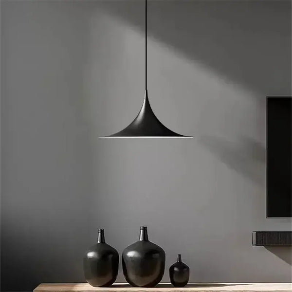 Scandi 70s Danish Pendant Lamp – Minimalist Metal LED Chandelier for Dining & Living Spaces in black finish.