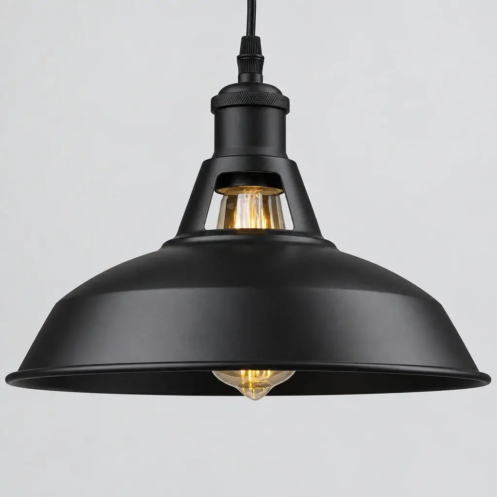 Hero - Black industrial pendant light on a grey background