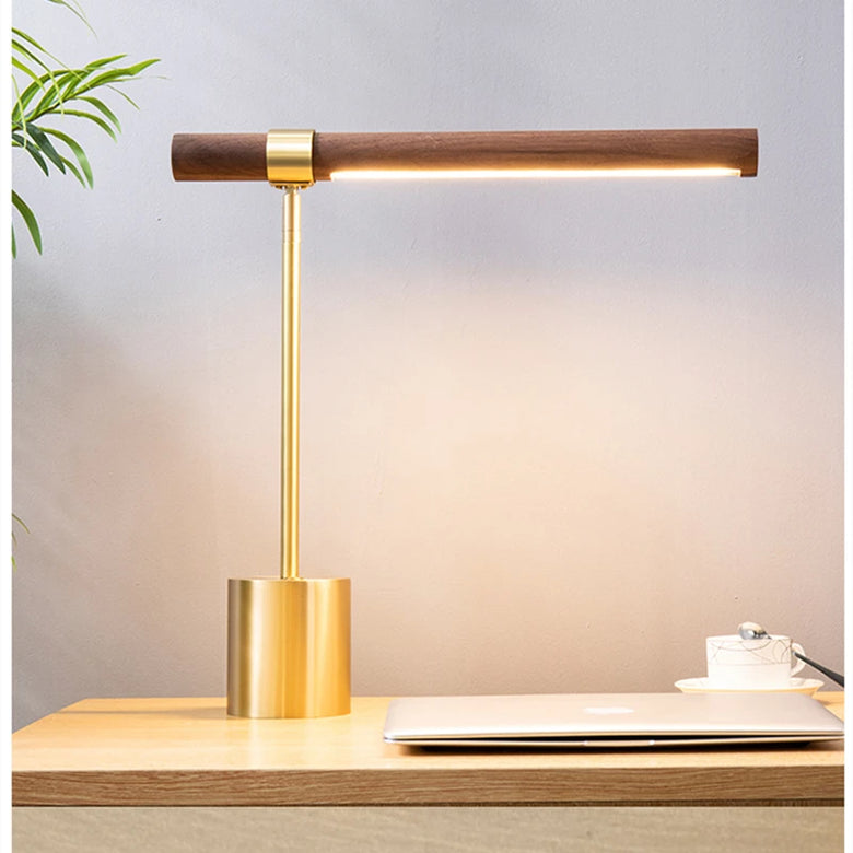 Mid-Century Wood Bar LED Table Lamp – Brass Finish