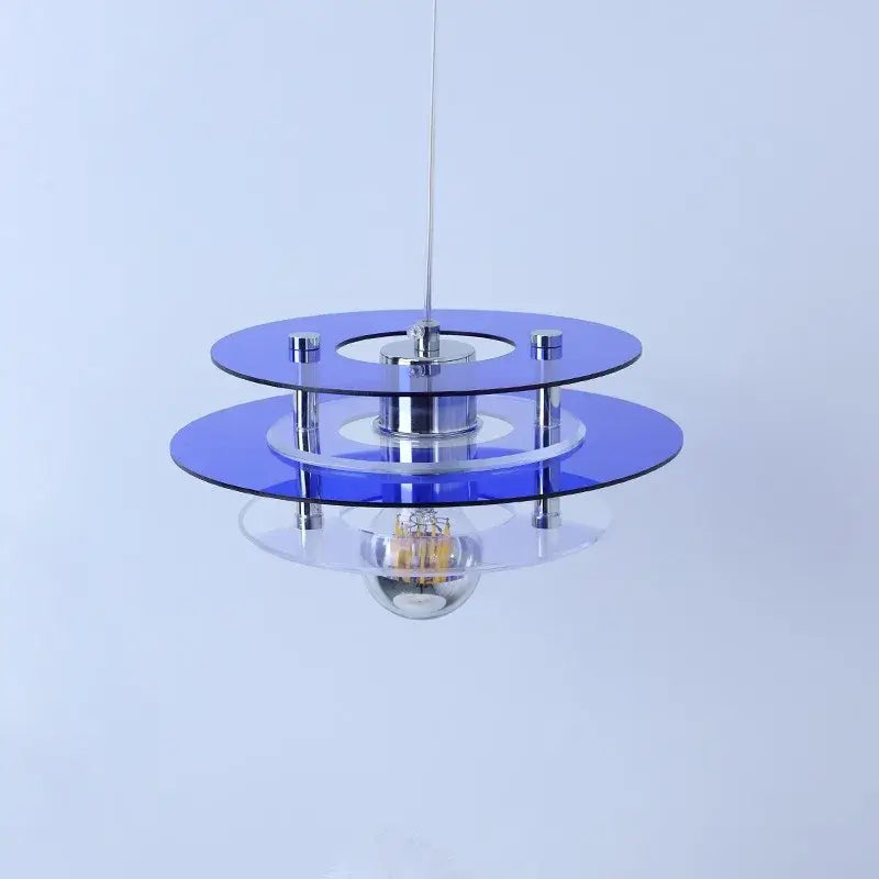 Space Age Acrylic Colorful Pendant Light with blue acrylic disks creating vibrant reflections.