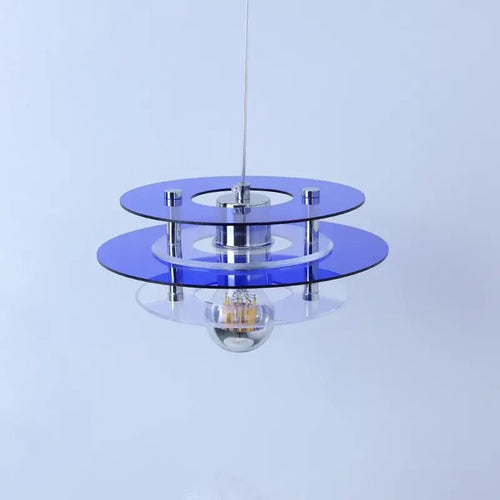 Space Age Acrylic Colorful Pendant Light with blue acrylic disks creating vibrant reflections.