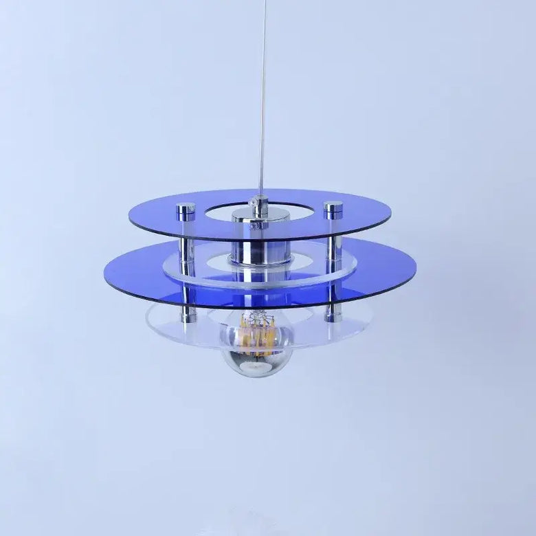 Space Age Acrylic Colorful Pendant Light with blue acrylic disks creating vibrant reflections.