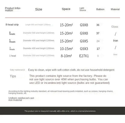 Nordic Smoke Glass Bubble Chandelier – Modern Grape Cluster Pendant Light size and specifications chart.