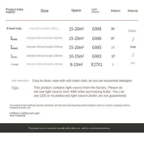 Nordic Smoke Glass Bubble Chandelier – Modern Grape Cluster Pendant Light size and specifications chart.
