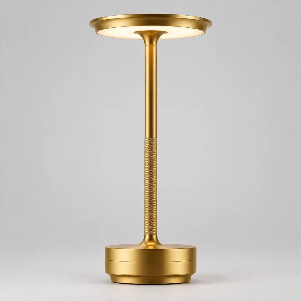 Gold Art Deco cordless disc table lamp lit on a wooden surface with books and a plant