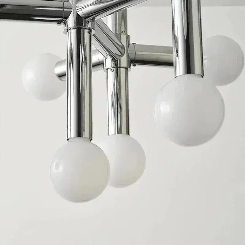 Bauhaus Chrome Chandelier – Modern 10/13 Globe Pendant Light with polished chrome arms and glass spheres