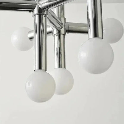 Bauhaus Chrome Chandelier – Modern 10/13 Globe Pendant Light with polished chrome arms and glass spheres