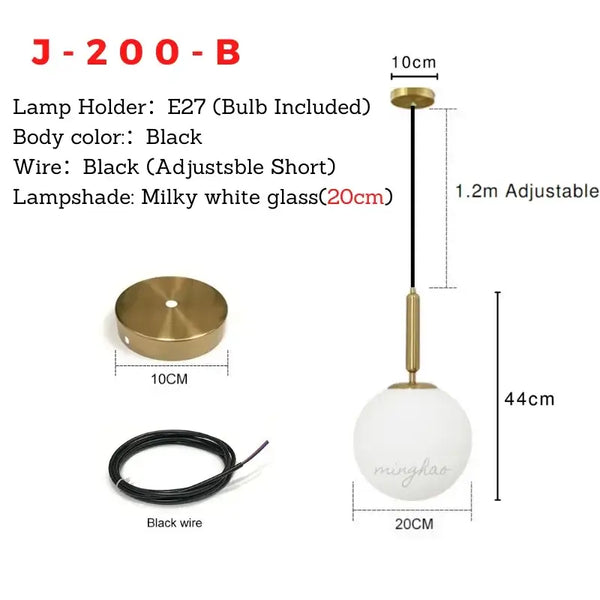 Mid-Century Modern Glass Ball Pendant Light in black, milky white glass, adjustable length, modern design.