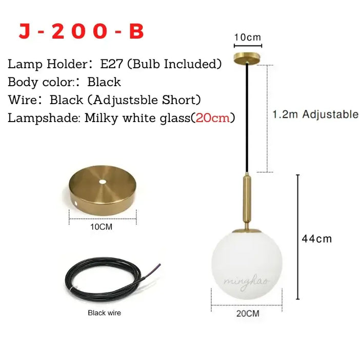 Mid-Century Modern Glass Ball Pendant Light in black, milky white glass, adjustable length, modern design.