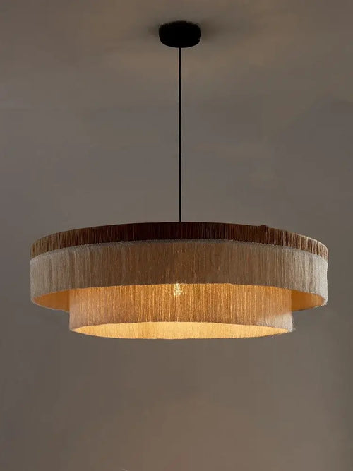 French Retro Grand Fringe Pendant Light – 80cm Vintage Beige Statement Chandelier in warm beige with layered fringe design.