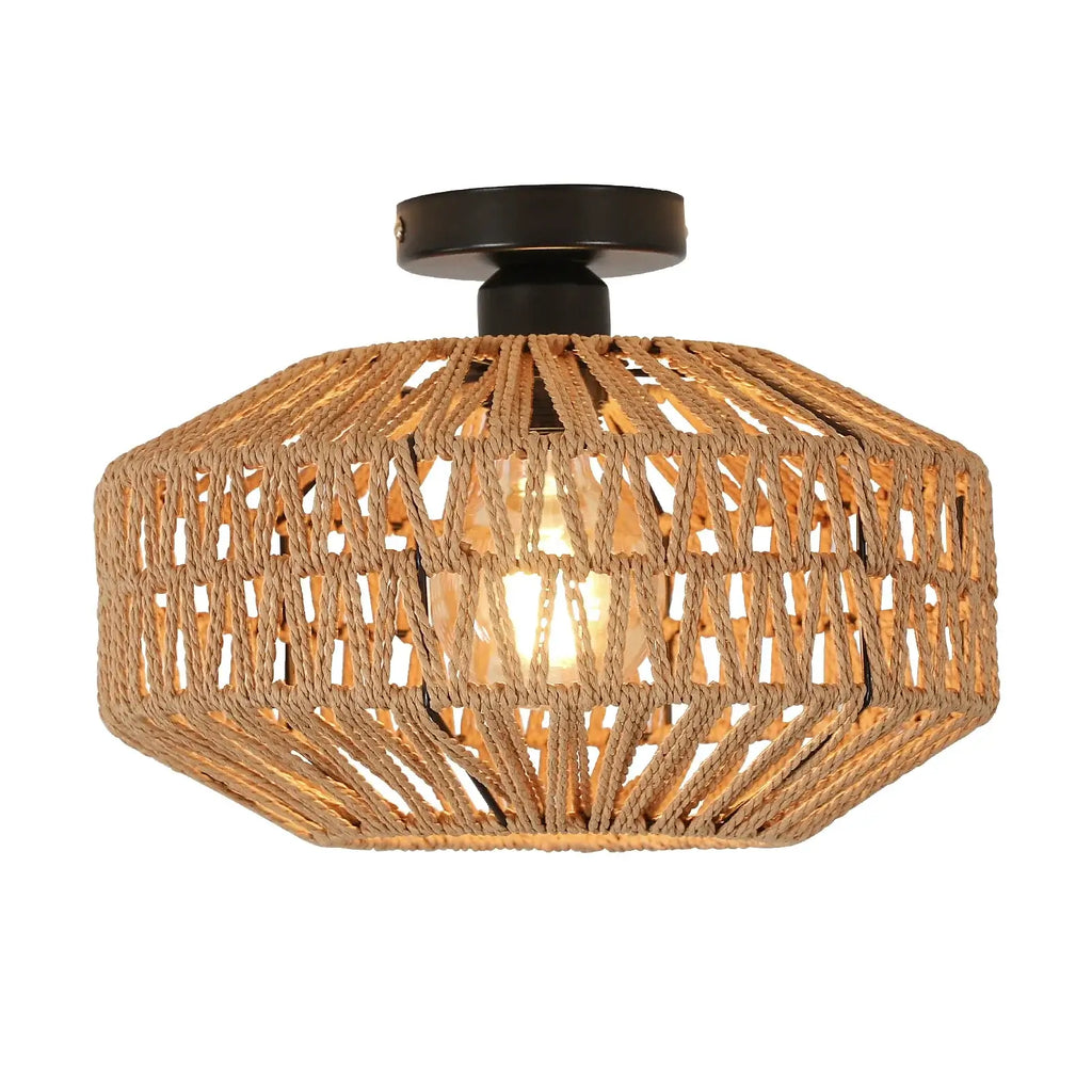 Hand-Woven Rattan Ceiling Light with Metal Base