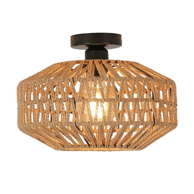 Hand-Woven Rattan Ceiling Light with Metal Base