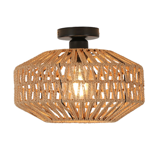 Hand-Woven Rattan Ceiling Light with Metal Base