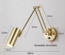 Vintage Loft Bedside Reading Light Fixture showing a gold, rotatable, and dimmable design with measurements.