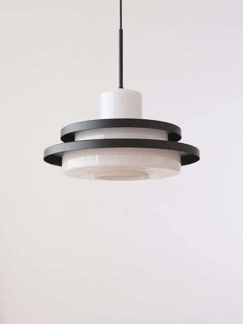 Retro American Diner Hanging Lamp with layered design in black and white colors, perfect for vintage decor.