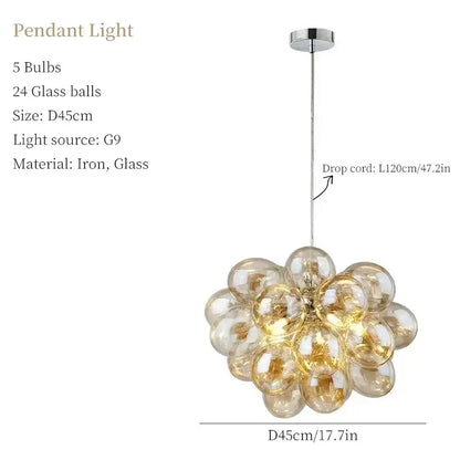 Nordic Smoke Glass Bubble Chandelier – Modern Grape Cluster Pendant Light with 24 glass balls and 5 bulbs.