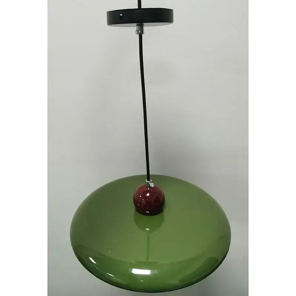 70s Dine In Kitchen Ceiling Light featuring a glossy green shade and red accent, capturing retro style.